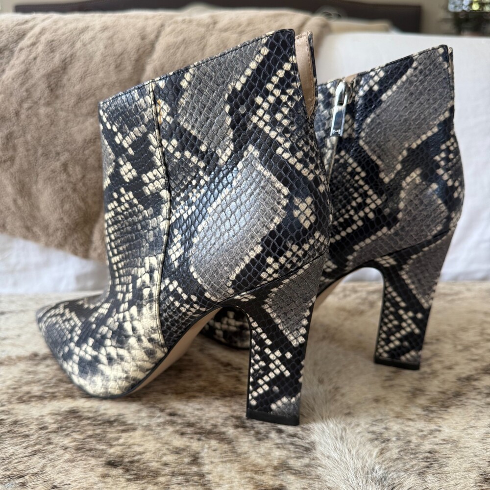 Marc Fisher Unno Snake Print Leather Booties Women 9M Pointed Toe Block Heel